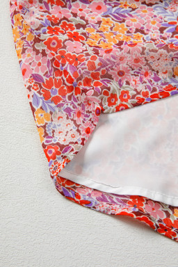 Red Boho Floral Print V Neck Long Sleeve Blouse