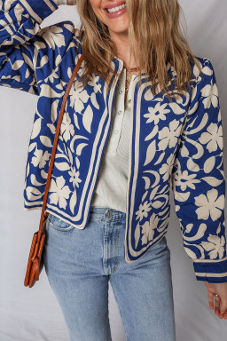 Blue Flower Print Open Front Buttoned Cuffs Jacket