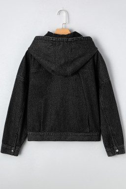 Black Chest Pocket Drop Shoulder Hooded Denim Jacket