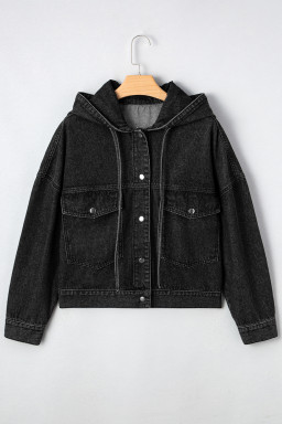 Black Chest Pocket Drop Shoulder Hooded Denim Jacket