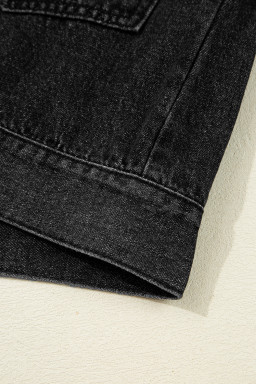 Black Chest Pocket Drop Shoulder Hooded Denim Jacket