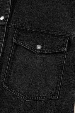 Black Chest Pocket Drop Shoulder Hooded Denim Jacket