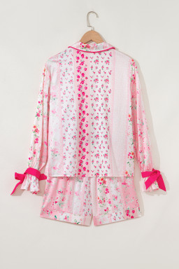 Pink Mixed Floral Print Contrast Piping Trim Satin Tie Pajama Set