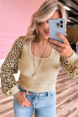Apricot Leopard Sleeve Patchwork Ribbed Knit U Neck Top