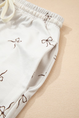 Beige Bow Print Half Zip Tank Top and Shorts Set