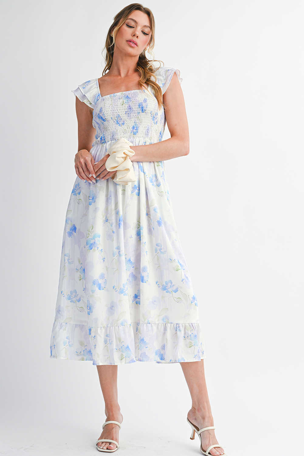 Sky Blue Floral Smocked High Waist Ruffle Sleeveless Long Dress