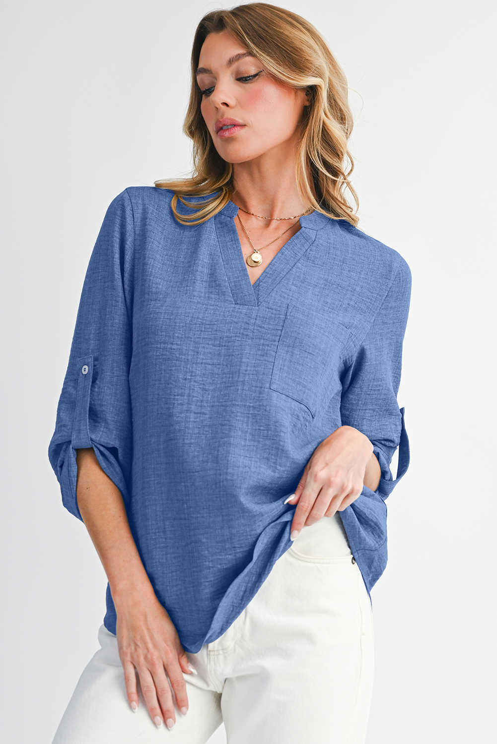 Ashleigh Blue Chest Pocket V Neck Plain Roll-up Sleeve Blouse