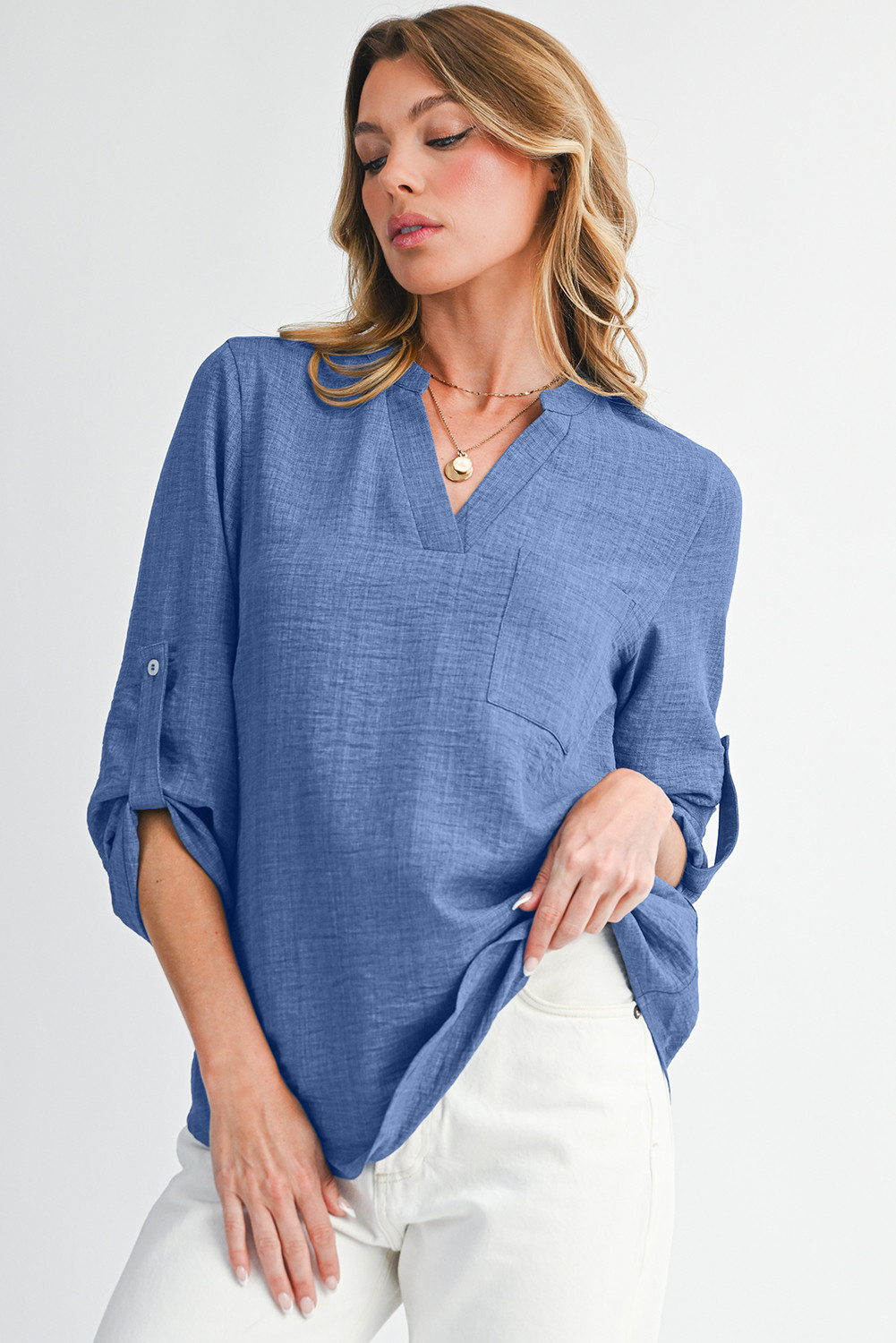 Ashleigh Blue Chest Pocket V Neck Plain Roll-up Sleeve Blouse