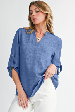 Ashleigh Blue Chest Pocket V Neck Plain Roll-up Sleeve Blouse