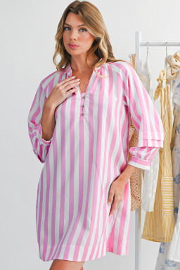 Rose Striped Long Sleeve Buttons Loose Mini Dress