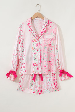 Pink Mixed Floral Print Contrast Piping Trim Satin Tie Pajama Set