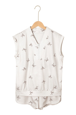 Beige Bow Print Half Zip Tank Top and Shorts Set