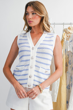 Sky Blue Striped V Neck Button Knit Vest