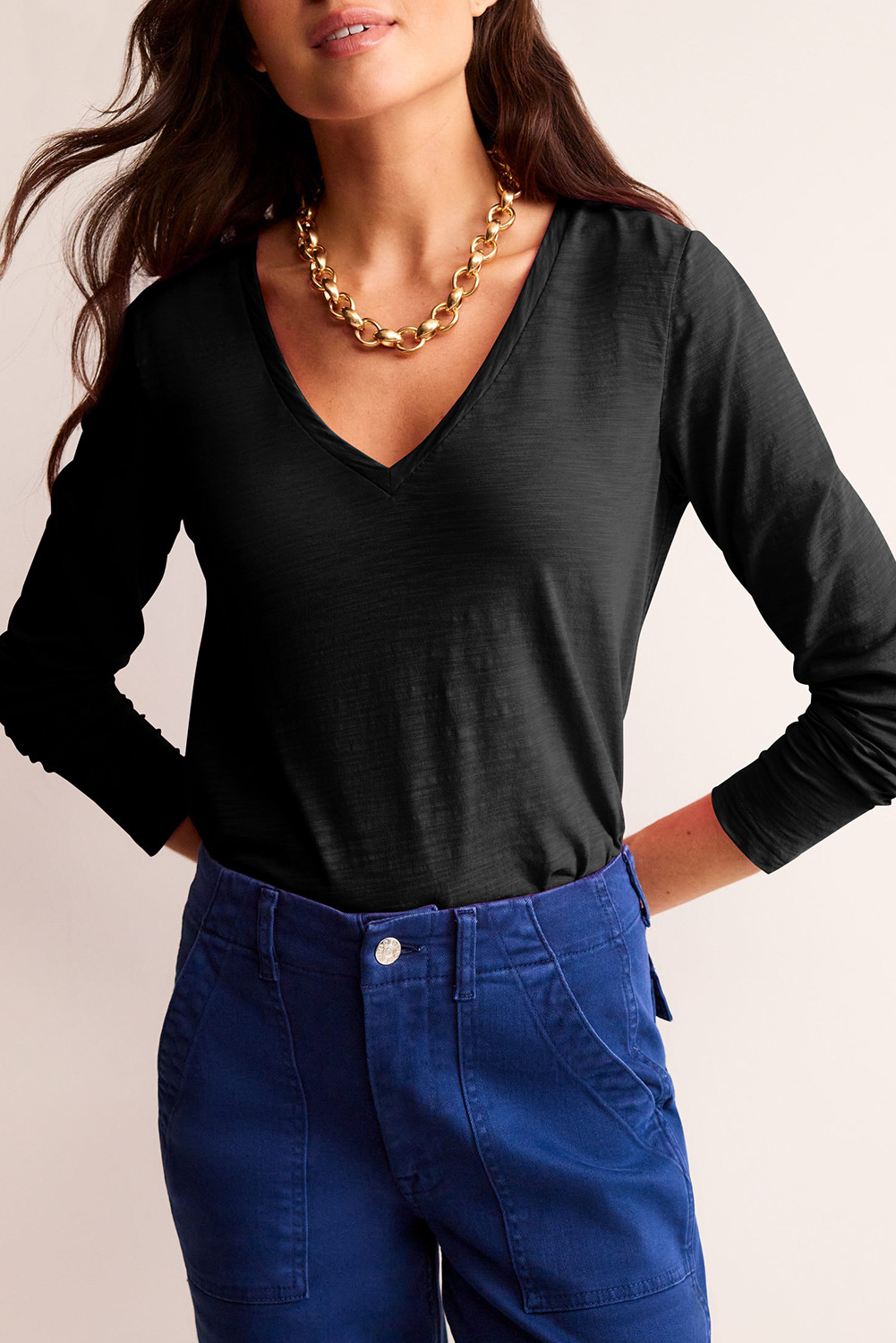 Black Plain V Neck Long Sleeve Top