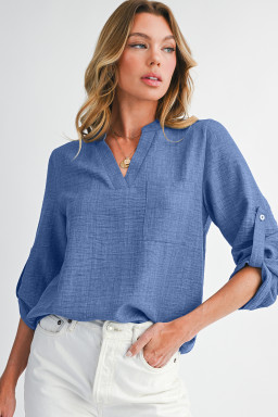 Ashleigh Blue Chest Pocket V Neck Plain Roll-up Sleeve Blouse