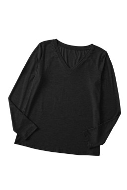 Black Plain V Neck Long Sleeve Top