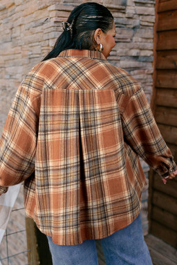 Brown Plaid Print Flap Pocket Button Plus Size Shirt