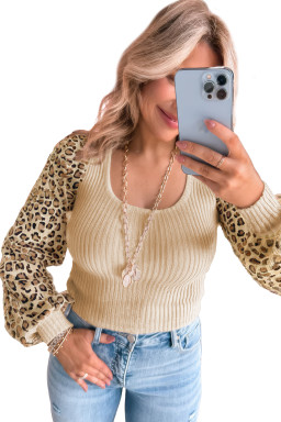 Apricot Leopard Sleeve Patchwork Ribbed Knit U Neck Top