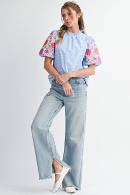 Light Blue Flower Embroidered Puff Sleeve Gingham Blouse