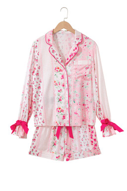 Pink Mixed Floral Print Contrast Piping Trim Satin Tie Pajama Set