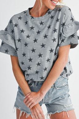 Gray Star Print Tiered Ruffle Sleeve Crew Neck T Shirt