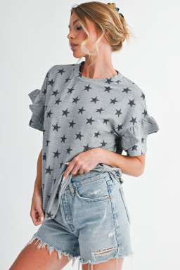 Gray Star Print Tiered Ruffle Sleeve Crew Neck T Shirt