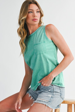 Sea Green Mineral Wash Patched Chest Pocket Tank Top