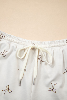 Beige Bow Print Half Zip Tank Top and Shorts Set