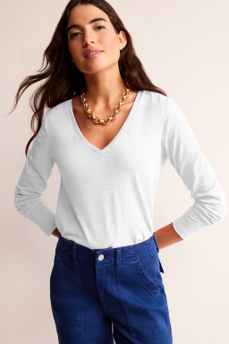 White Plain V Neck Long Sleeve Top