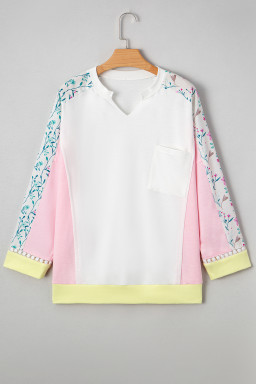 White Floral Colorblock Patchwork Notched Neck Long Sleeve Top