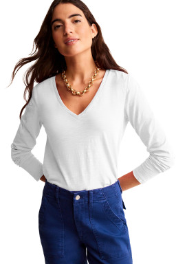 White Plain V Neck Long Sleeve Top
