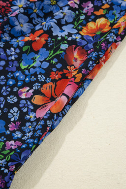 Blue Floral Print V Neck Long Sleeve Flowy Maxi Dress