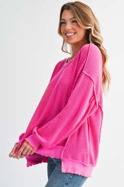 Strawberry Pink Twisted Ribbed Seamed Patchwork Long Sleeve Top