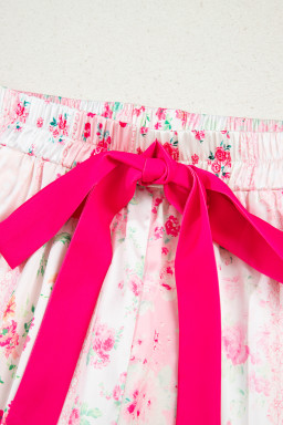 Pink Mixed Floral Print Contrast Piping Trim Satin Tie Pajama Set