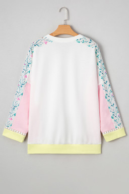 White Floral Colorblock Patchwork Notched Neck Long Sleeve Top