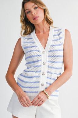Sky Blue Striped V Neck Button Knit Vest