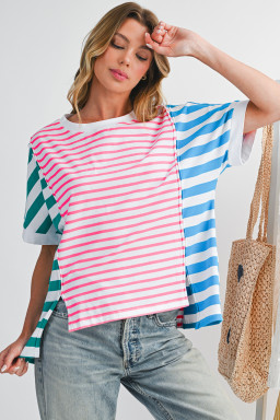 Pink Striped Patchwork Exposed Seam Loose Tee