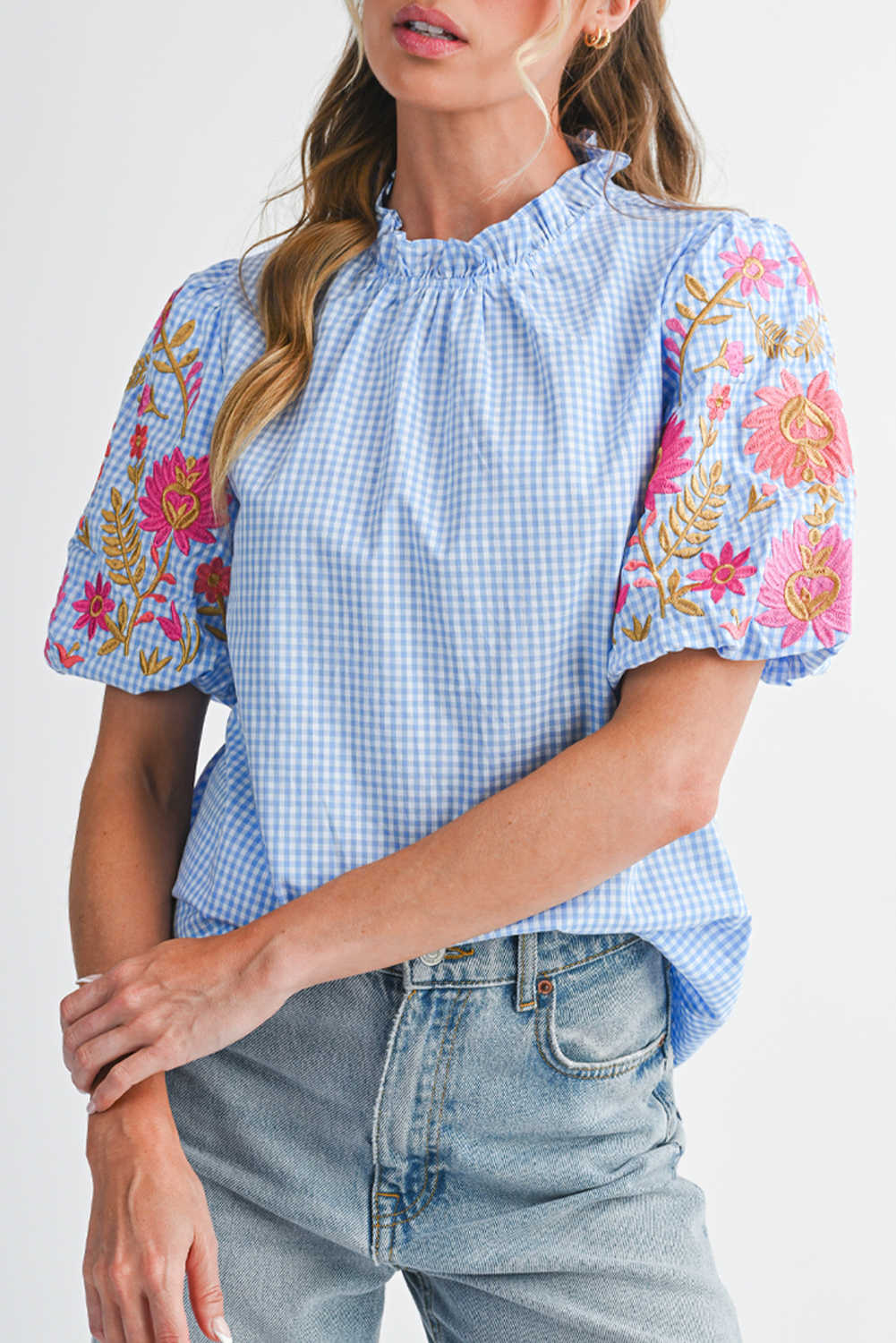 Light Blue Flower Embroidered Puff Sleeve Gingham Blouse