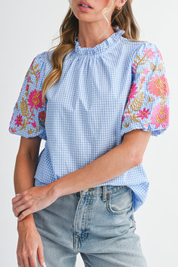 Light Blue Flower Embroidered Puff Sleeve Gingham Blouse