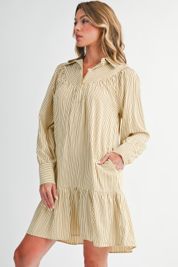 Brown Striped Shirt Collar Ruffle Hem Long Sleeve Dress