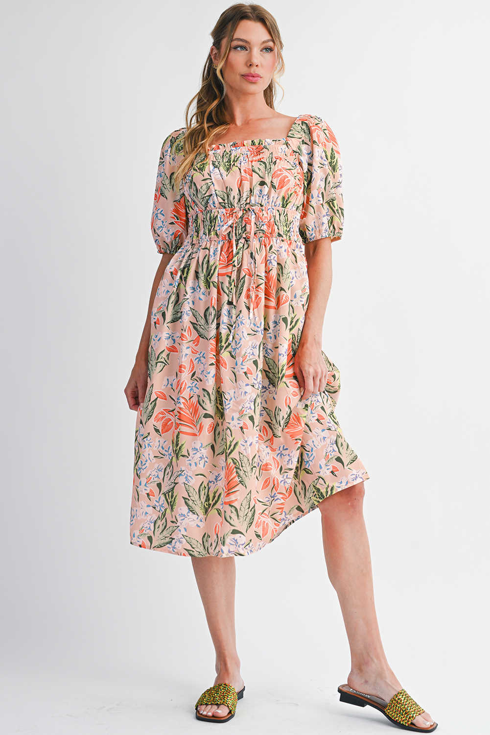 Apricot Pink Floral Knot Front Smocked Bubble Sleeve Dress