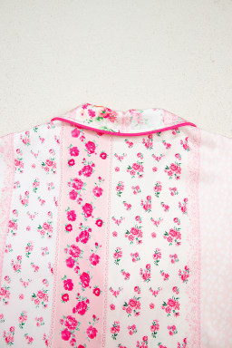 Pink Mixed Floral Print Contrast Piping Trim Satin Tie Pajama Set