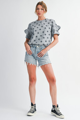 Gray Star Print Tiered Ruffle Sleeve Crew Neck T Shirt