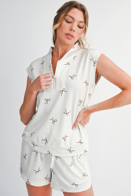 Beige Bow Print Half Zip Tank Top and Shorts Set