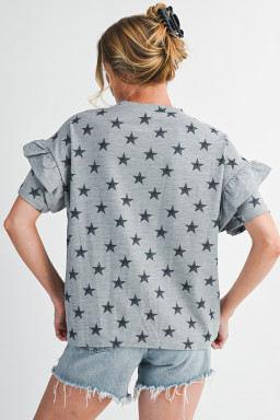 Gray Star Print Tiered Ruffle Sleeve Crew Neck T Shirt
