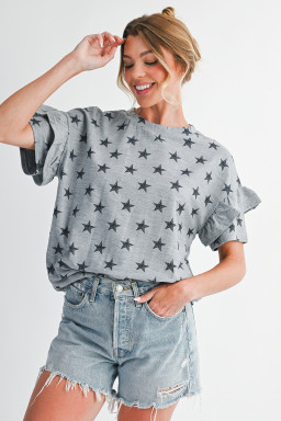 Gray Star Print Tiered Ruffle Sleeve Crew Neck T Shirt