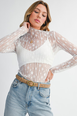 White Sheer Floral Lace Long Sleeve Slim Fit Top