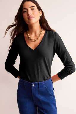 Black Plain V Neck Long Sleeve Top