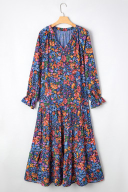 Blue Floral Print V Neck Long Sleeve Flowy Maxi Dress