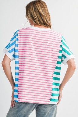 Pink Striped Patchwork Exposed Seam Loose Tee